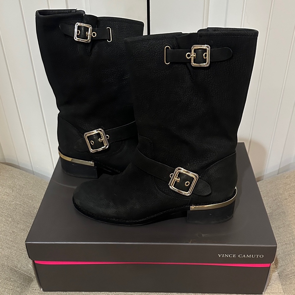 Vince Camuto Black Moto Boots with Gold Buckles